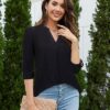 Amrto Longbluse Damen 3/4 Ärmel Bluse Damen V-Ausschnitt Tunika Elegant Langarm Blusen Festliche Oberteile Casual Langarmshirt Lässig Hemdbluse Damen Tops Longshirt, M-XXL – Bild 5