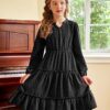 Arshiner Kleid Mädchen Festlich Volant V-Kragen Langarmkleid Swiss Dot Chiffonkleid Kinder Stufenkleid A-Linie Partykleid Hochzeit Prinzessinkleid Swing Skaterkleid 5-12 Jahre – Bild 4