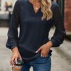 BAISHENGGT Baronin Tunika Damen V Ausschnitt T Shirt Elegante Raglan Spitzenärmel Bluse Shirts Lässige Streetwear Langarm Oberteil Tops – Bild 5