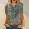 Bluse Damen Vintage Baumwoll Leinen Shirt Sommer Kurzarm Tshirt Knopfleiste Pullover mit Rundhals Blumendruck Oberteile Blusentops Casual T-Shirt Tee Tops Leinenbluse Basic Hemd Blusenshirt – Bild 4