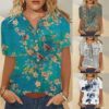 Bluse Damen Vintage Baumwoll Leinen Shirt Sommer Kurzarm Tshirt Knopfleiste Pullover mit Rundhals Blumendruck Oberteile Blusentops Casual T-Shirt Tee Tops Leinenbluse Basic Hemd Blusenshirt – Bild 5