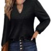 Cerrlop Bluse Damen Elegant V-Ausschnitt Lochstickerei Top Locker Oberteile Langarm Longshirt Doppellagige Tunika – Bild 4
