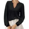 Cerrlop Bluse Damen Elegant V-Ausschnitt Lochstickerei Top Locker Oberteile Langarm Longshirt Doppellagige Tunika – Bild 5