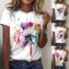Damen Oberteile Sommer Tshirt Kurzarm Bluse mit Rundhalsausschnitt Bunte Blumen Drucken T-Shirt Tee Tops Pullover Teenager Mädchen Pulli Tunika Shirt Freizeit T Shirts Longbluse für Frauen – Bild 3