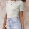 Eniloyal 2024 Tshirt Damen Top Elegant Kurzarm Gerippt mit Rundhals/Eckigem Ausschnitt in Schmaler Passform Oberteile Sommer Basic Shirts – Bild 3