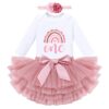 FYMNSI Baby Mädchen Boho Regenbogen 1. / 2. Geburtstag Outfit Kurzarm Strampler Tütü Rock Stirnband 3tlg Party Bekleidungsset – Bild 3