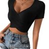 GORGLITTER Crop Shirt Damen Kurzarm Crop Top Bauchfreies Top Mit Ausschnitt Top Mit Kreuzgurt V Ausschnitt Sommer Oberteile – Bild 4