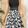 HOMEYEE Damen Vintage Rundhalsausschnitt Blumen Bestickt Knielang Elegant Cocktailkleid UKA079 – Bild 5