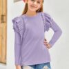 Haloumoning Mädchen T-Shirts Rüsche Langarmshirt Kinder Cute Fitted Rundhals-Oberteile Leichtgewicht Casual Tops – Bild 5