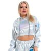 IBTOM CASTLE Damen Glänzendes Oberteil Rave Outfit Festival Wetlook Metallic Kapuzenoberteil Holographisch Langarm Kapuzenpullover Kurz Sweatshirt Mädchen Club Party Karneval Halloween Kostüm – Bild 4