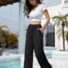 Imuedaen Damen Hosen Sommer Leinen Leicht Casual Locker Leinenhose Freizeithose Palazzo Hose Weite Leg Hose Sommerhose Hohe Taille mit Tunnelzug und Taschen – Bild 3