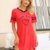 Litherday Nachthemd Damen Nachtwäsche Baumwolle Loungewear Nachtkleid Kurz Negligee Streifen Kurze Ärmel Sleepshirt Kurzarm V-Ausschnitt Sleepwear Bequeme Freizeitkleid – Bild 3