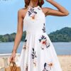 OUGES Sommerkleid Damen Knielang Neckholder Kleid Sommer Blumenmuster Elegant Cocktailkleid – Bild 3