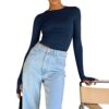 OYIGELZ Langarmshirt Damen Basic T-Shirt Langarm Crop Top Y2K Slim Fit Oberteile Casual Rundhals Tee Shirt – Bild 5
