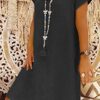 Sommerkleid Damen Leinen Kleider Casual V-Ausschnitt Midikleid Kurzarm A-Linie Kleid Strandkleid Ohne Zubehör – Bild 3