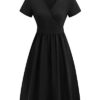 VOTEPRETTY Damen Sommerkleid Kurzarm V-Ausschnitt Wickelkleid Knielang Kleid mit Taschen – Bild 5
