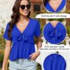 WANGZHI Bluse Damen Kurzarm V-Ausschnitt Lose Sommer Fliege Riemen Damen Tunika – Bild 5
