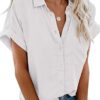 Xnova Damen Bluse Kurzarm, Knopf Oberteile Shirt Elegant, Casual Hemdbluse, Revers Kragen Business Blusenshirt, Stretch Einfarbig Blusen V-Ausschnitt Top Herbst Frühling Sommer – Bild 3