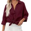 Zitiki Bluse Damen Baumwolle Lässiges Hemd V-Ausschnitt Langarm Elegant Oberteile Lose Shirts mit Brusttaschen – Bild 3