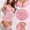 Avidlove Damen Dessous Set Sexy Spitze Body Reizwäsche Corsage Babydoll Unterwäsche Teddy Bodysuit V-Ausschnitt Lingerie Set Mit G-String und Strumpfhalter – Bild 4